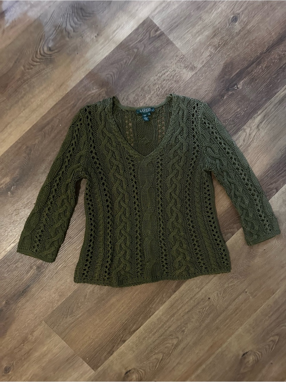 Lauren Ralph Lauren Olive Green Cable Knit V-Neck Sweater Petite M